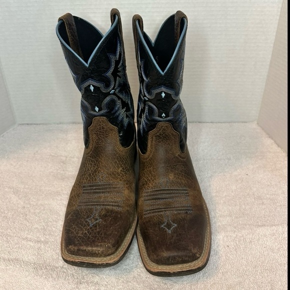 ARIAT Tombstone Boys Youth Boots Size 4.5 Square Toe Brown/Black/Blue Leather - Picture 2 of 8